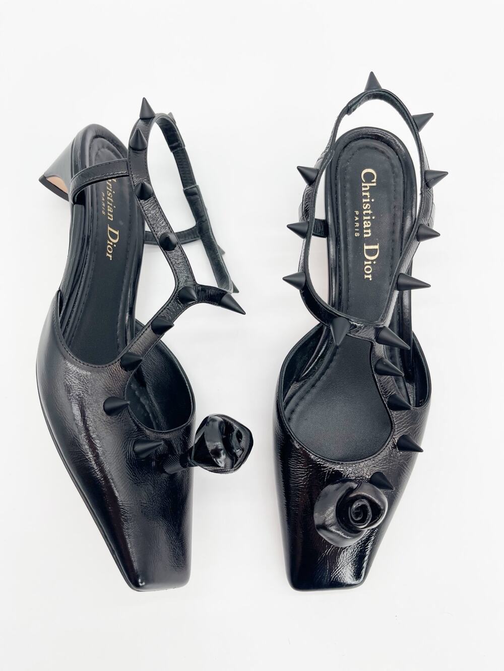 Dior Fall 2021 Runway Black Naplak Rose Spike Slingback Kitten Heels EU 36.5
